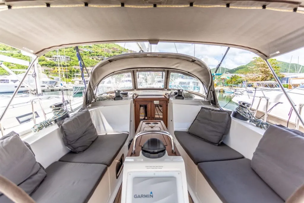 Cockpit of Patches, a Bavaria Cruiser 41 sailboat at Ribishi, Saint Vincent and the Grenadines