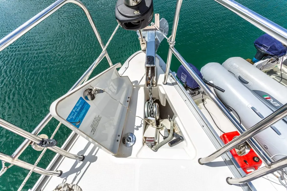 Deck of Patches, a Bavaria Cruiser 41 sailboat at Ribishi, Saint Vincent and the Grenadines