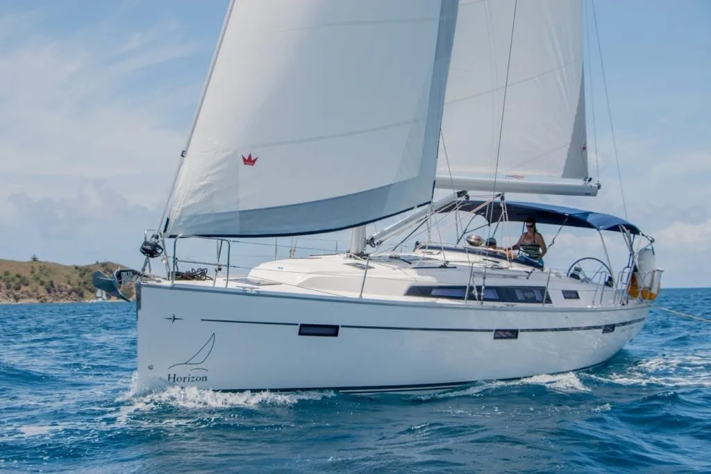 Exterior view of Patches, a Bavaria Cruiser 41 sailboat at Ribishi, Saint Vincent and the Grenadines