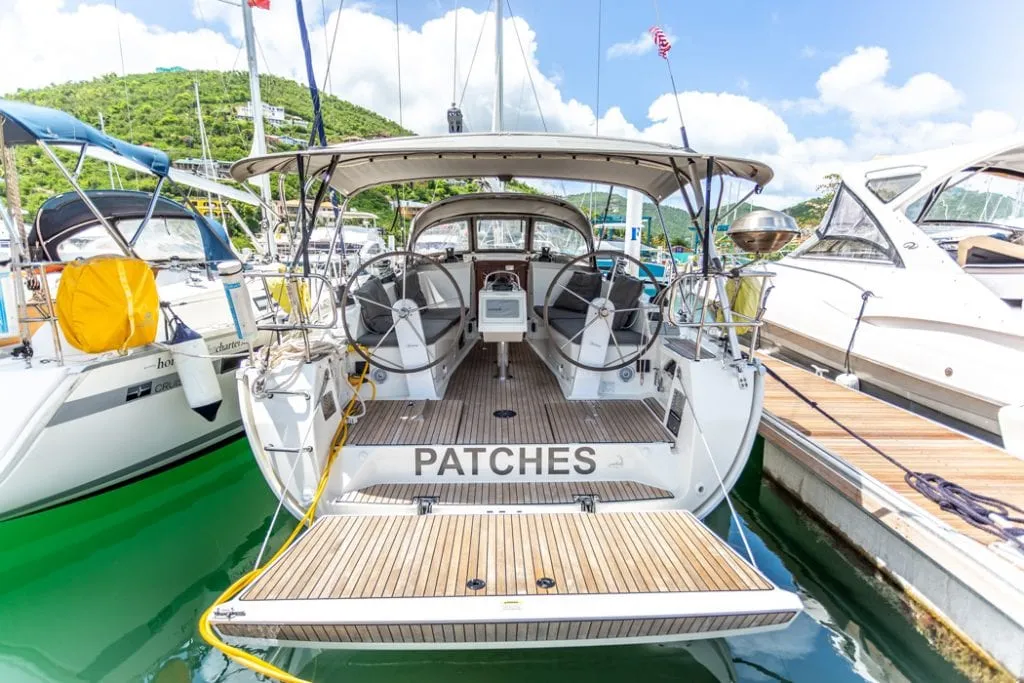 Deck of Patches, a Bavaria Cruiser 41 sailboat at Ribishi, Saint Vincent and the Grenadines