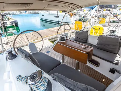 Cockpit of Patches, a Bavaria Cruiser 41 sailboat at Ribishi, Saint Vincent and the Grenadines
