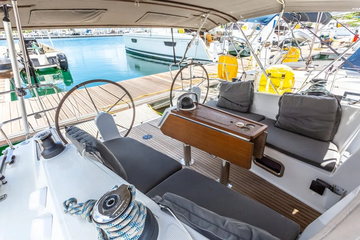 Cockpit of Patches, a Bavaria Cruiser 41 sailboat at Ribishi, Saint Vincent and the Grenadines