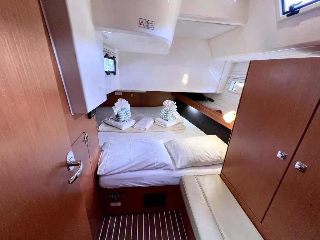 Cabin on Patches, a Bavaria Cruiser 41 sailboat at Ribishi, Saint Vincent and the Grenadines