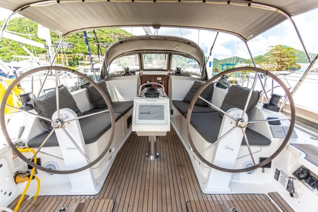 Cockpit of Patches, a Bavaria Cruiser 41 sailboat at Ribishi, Saint Vincent and the Grenadines