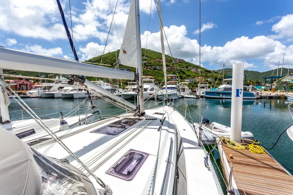 Deck of Patches, a Bavaria Cruiser 41 sailboat at Ribishi, Saint Vincent and the Grenadines