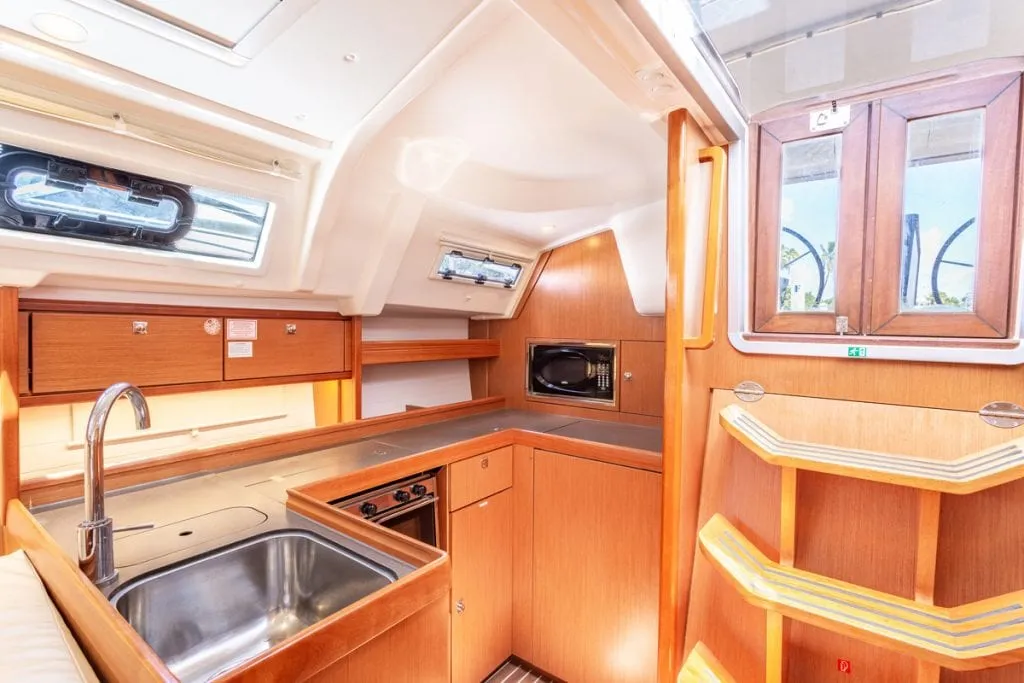 Galley of Patches, a Bavaria Cruiser 41 sailboat at Ribishi, Saint Vincent and the Grenadines