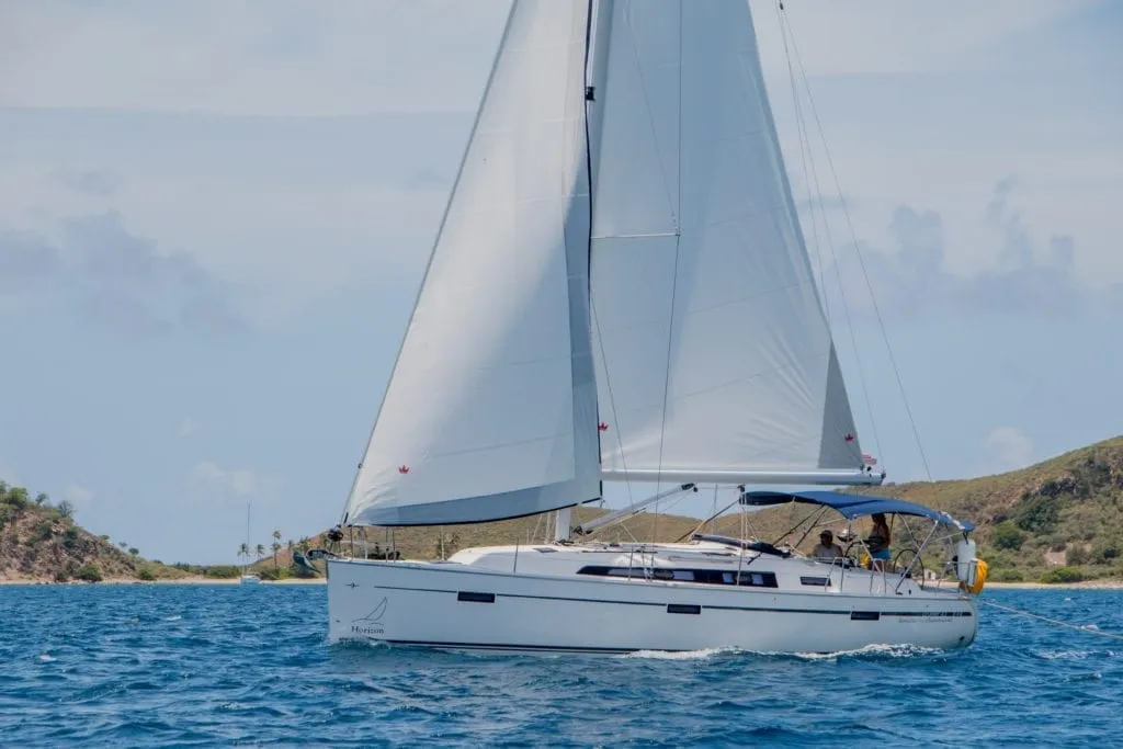 Exterior view of Patches, a Bavaria Cruiser 41 sailboat at Ribishi, Saint Vincent and the Grenadines
