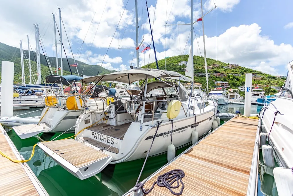 Deck of Patches, a Bavaria Cruiser 41 sailboat at Ribishi, Saint Vincent and the Grenadines