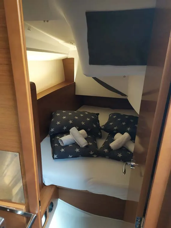Cabin on Sweet Elli, a Jeanneau Sun Odyssey 349 sailboat at Trogir, Croatia