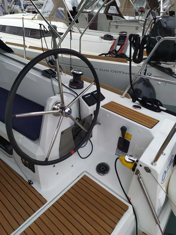 Cockpit of Sweet Elli, a Jeanneau Sun Odyssey 349 sailboat at Trogir, Croatia