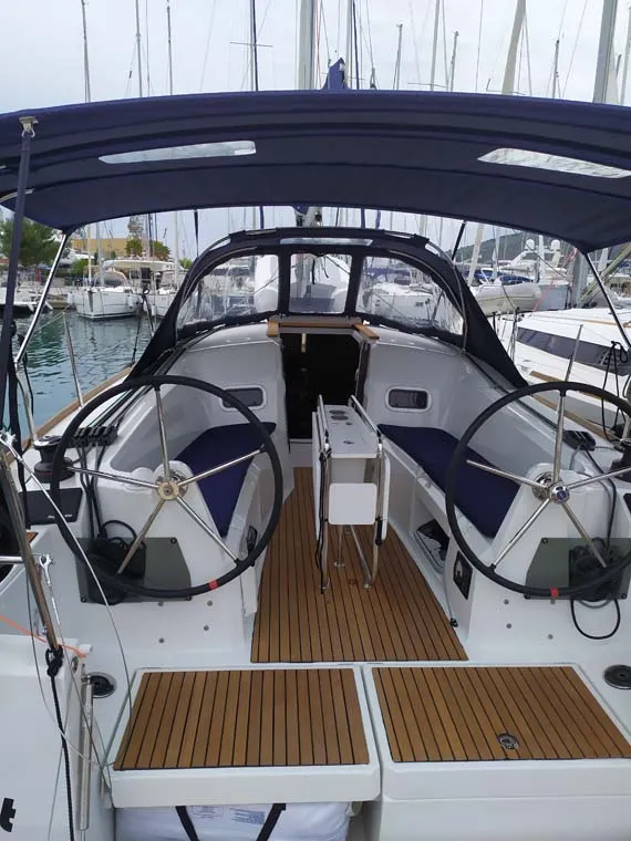 Cockpit of Sweet Elli, a Jeanneau Sun Odyssey 349 sailboat at Trogir, Croatia