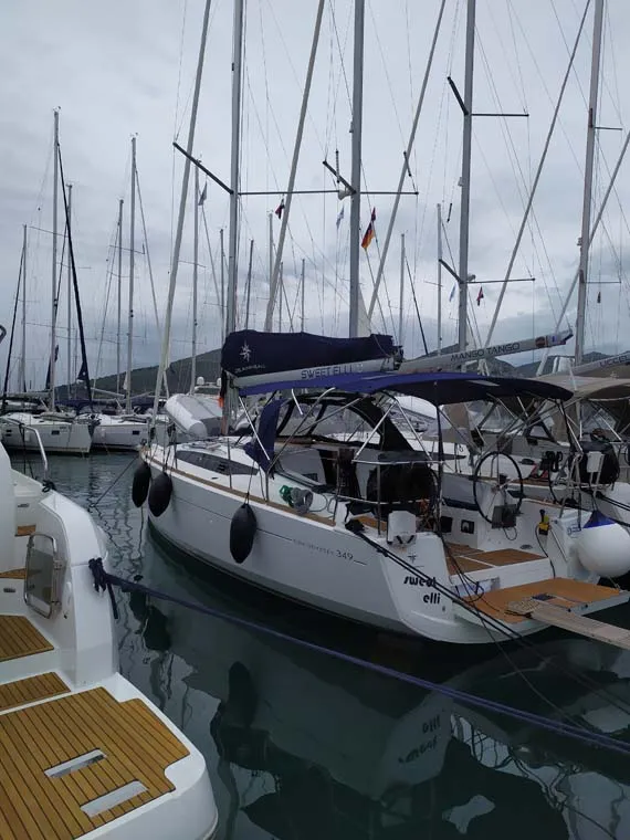 Exterior view of Sweet Elli, a Jeanneau Sun Odyssey 349 sailboat at Trogir, Croatia