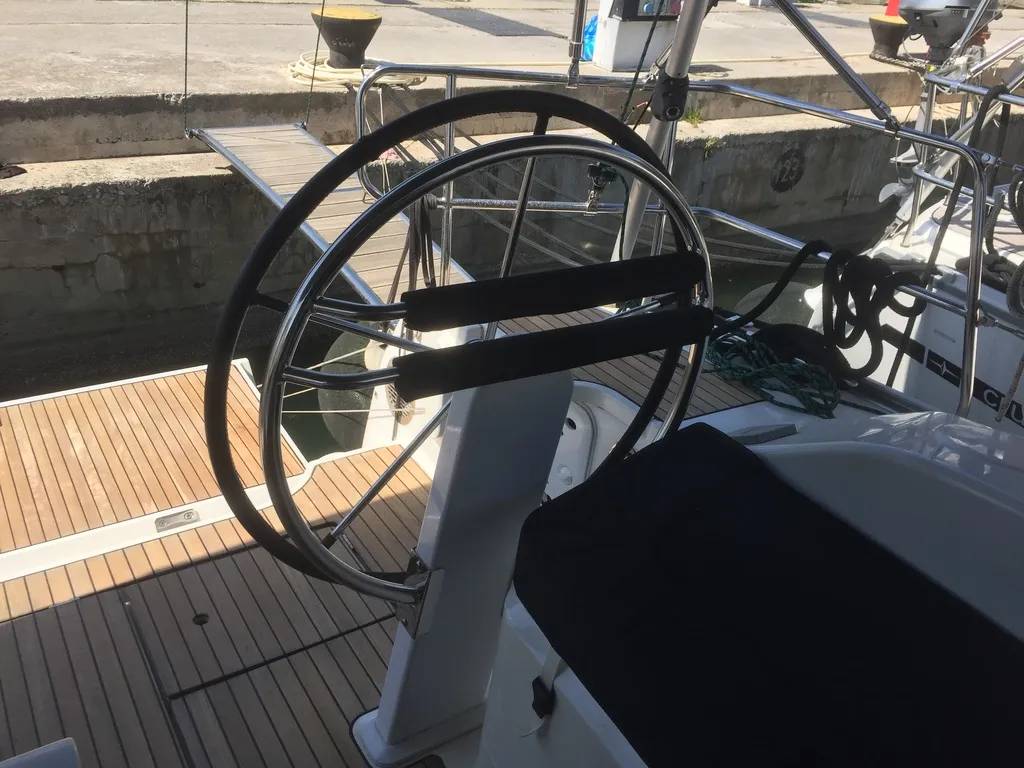 Cockpit of Oreo, a Bavaria 51 Cruiser sailboat at Skiathos, Greece