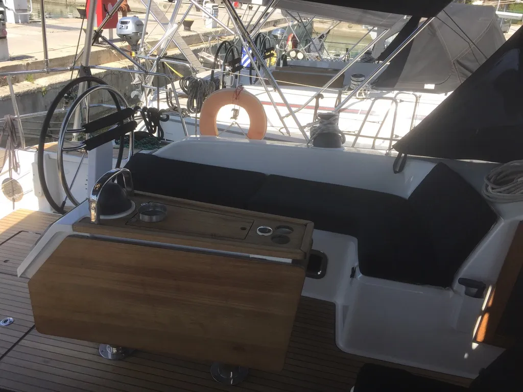 Cockpit of Oreo, a Bavaria 51 Cruiser sailboat at Skiathos, Greece