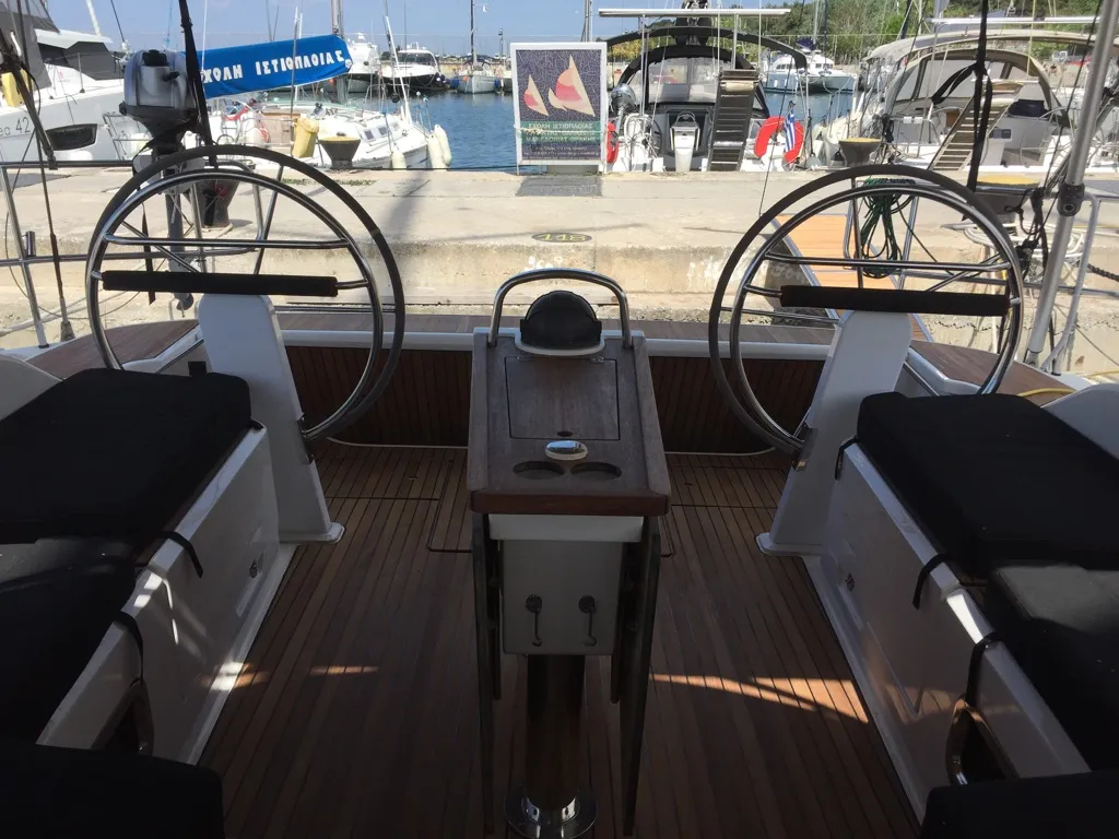 Cockpit of Oreo, a Bavaria 51 Cruiser sailboat at Skiathos, Greece