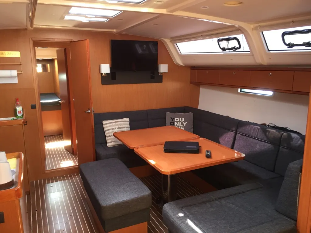 Salon of Oreo, a Bavaria 51 Cruiser sailboat at Skiathos, Greece