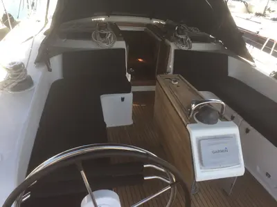 Cockpit of Oreo, a Bavaria 51 Cruiser sailboat at Skiathos, Greece