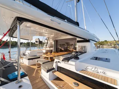 Deck of Sail la vie, a Lagoon 43 catamaran at Grad Šibenik, Croatia