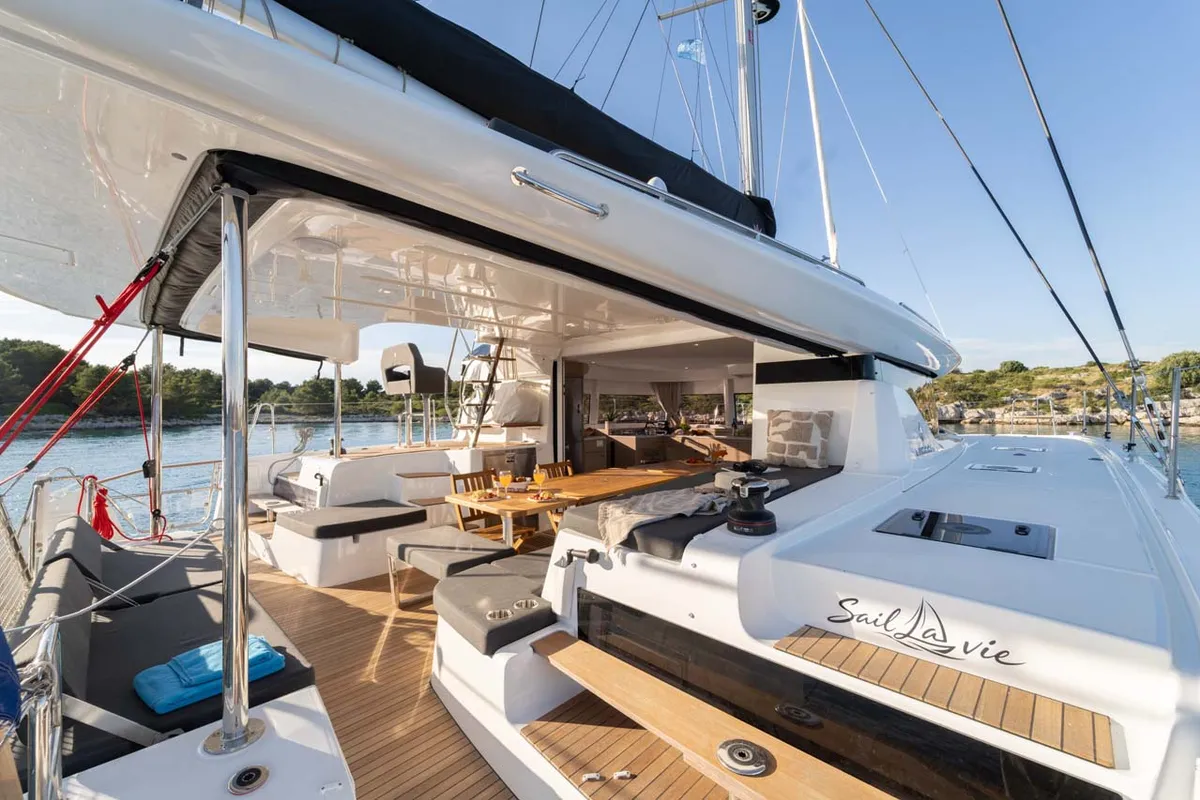 Deck of Sail la vie, a Lagoon 43 catamaran at Grad Šibenik, Croatia