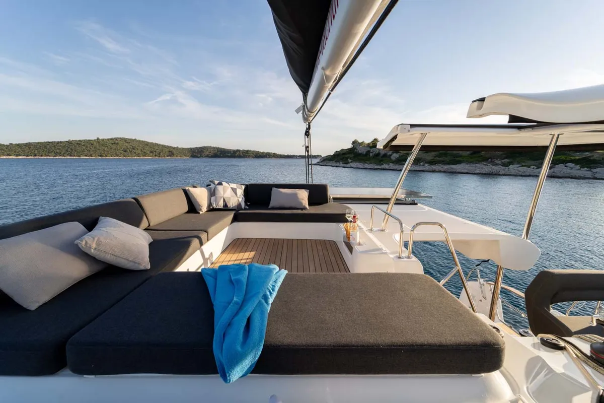 Deck of Sail la vie, a Lagoon 43 catamaran at Grad Šibenik, Croatia