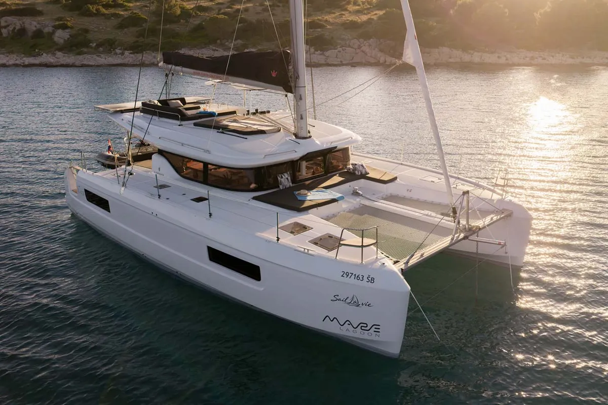 Exterior view of Sail la vie, a Lagoon 43 catamaran at Grad Šibenik, Croatia