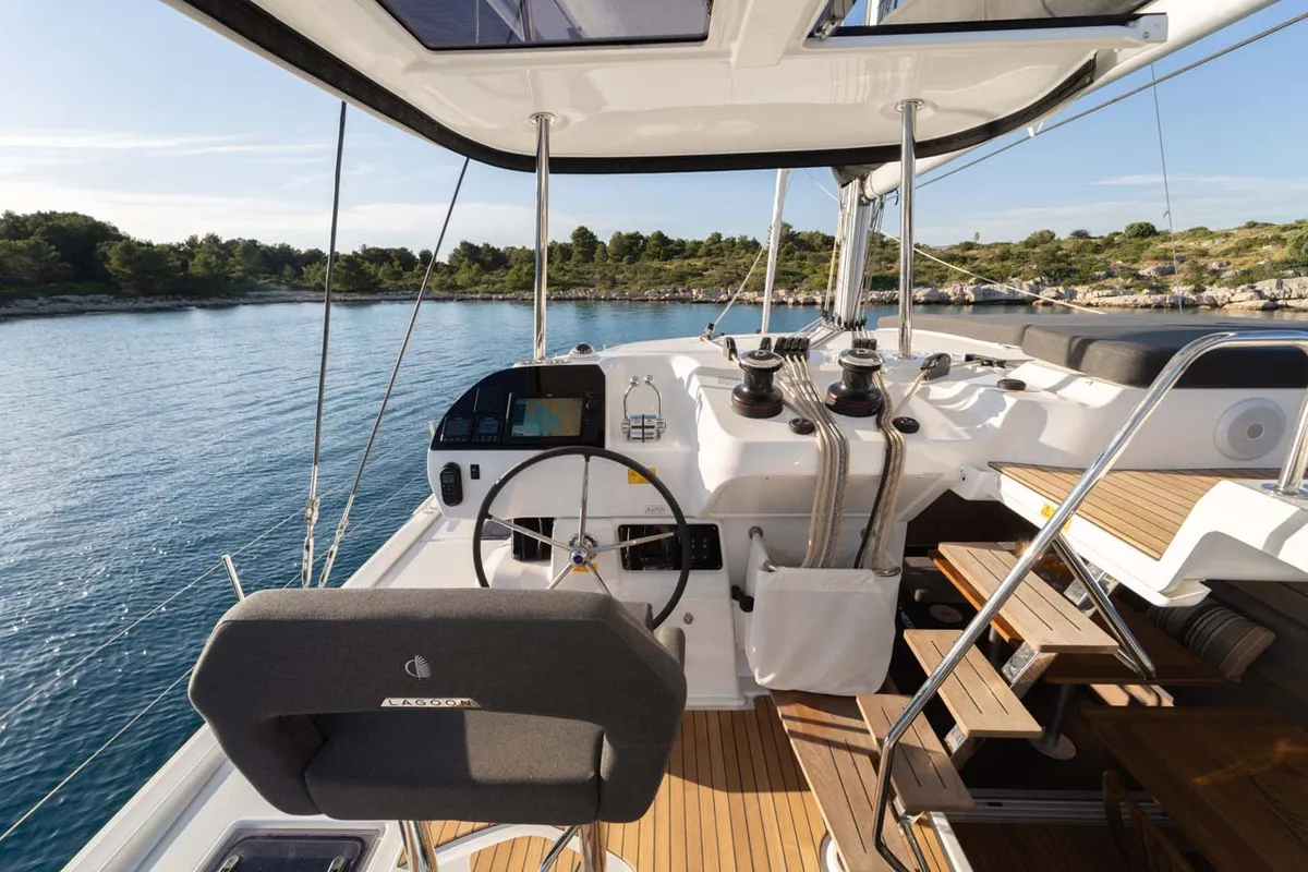 Cockpit of Sail la vie, a Lagoon 43 catamaran at Grad Šibenik, Croatia