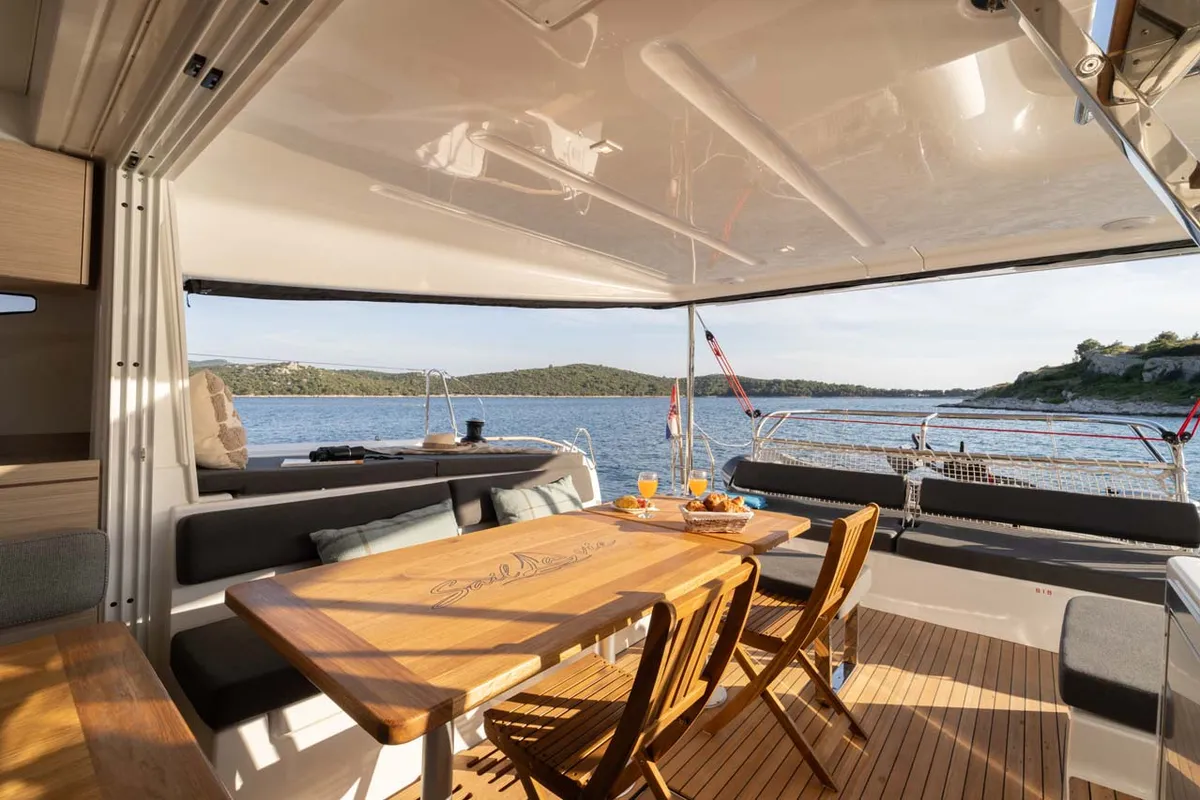 Deck of Sail la vie, a Lagoon 43 catamaran at Grad Šibenik, Croatia