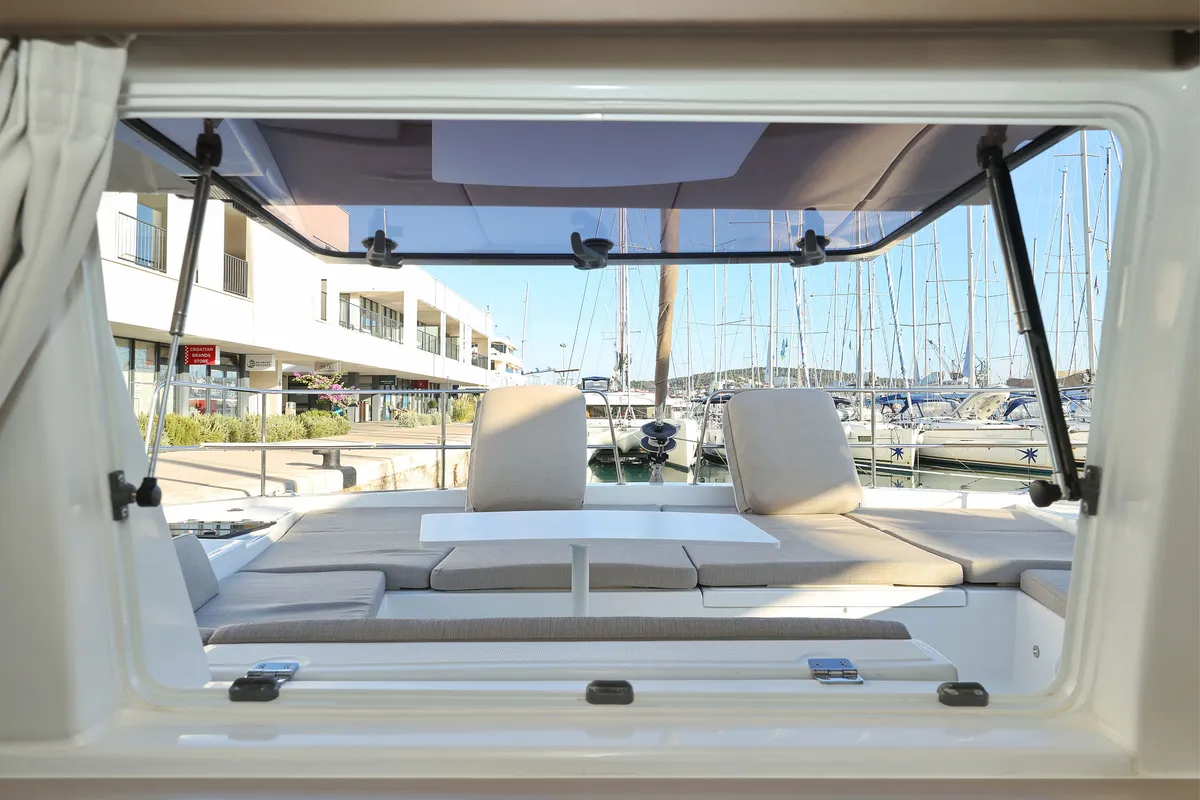 Salon of Bellatrix, a Bali 4.2 catamaran at Seget Donji, Croatia