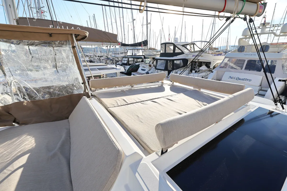 Deck of Bellatrix, a Bali 4.2 catamaran at Seget Donji, Croatia