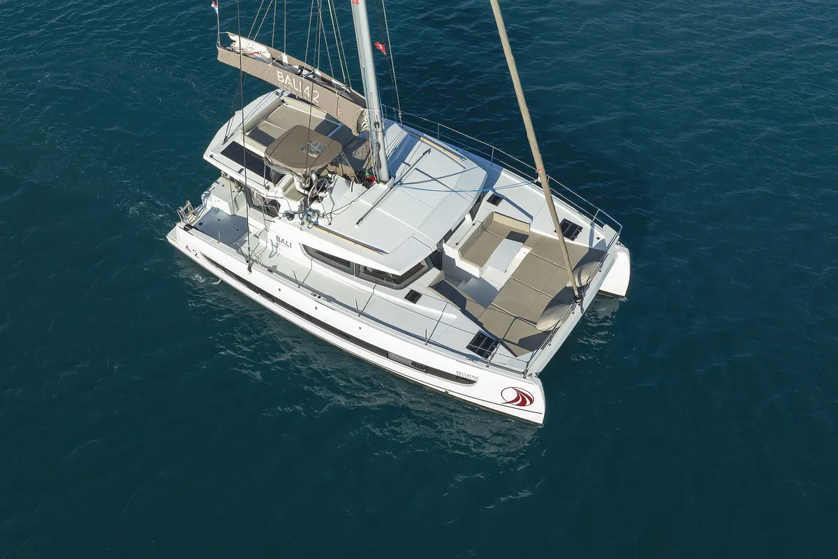 Exterior view of Bellatrix, a Bali 4.2 catamaran at Seget Donji, Croatia