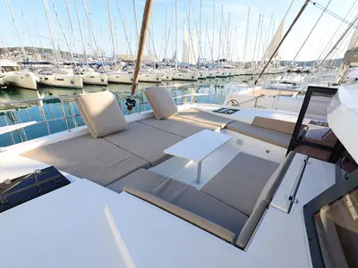 Deck of Bellatrix, a Bali 4.2 catamaran at Seget Donji, Croatia