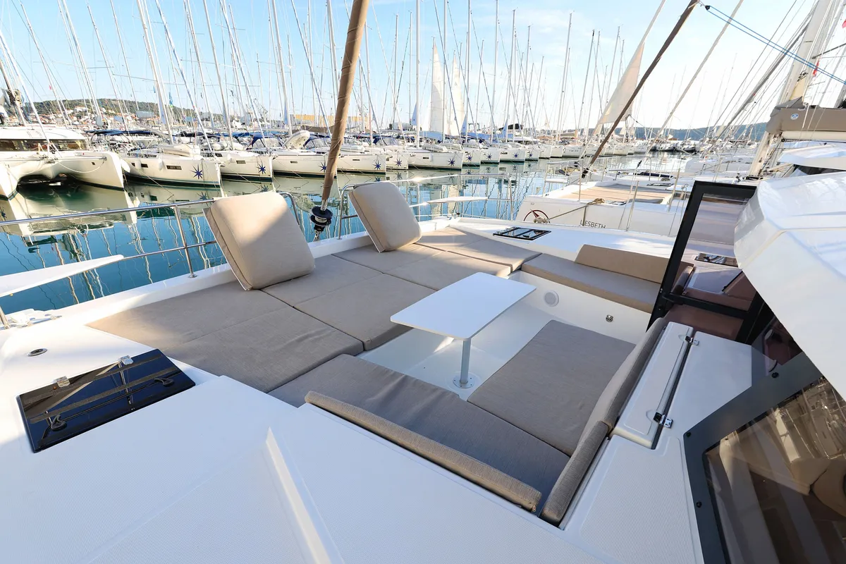 Deck of Bellatrix, a Bali 4.2 catamaran at Seget Donji, Croatia