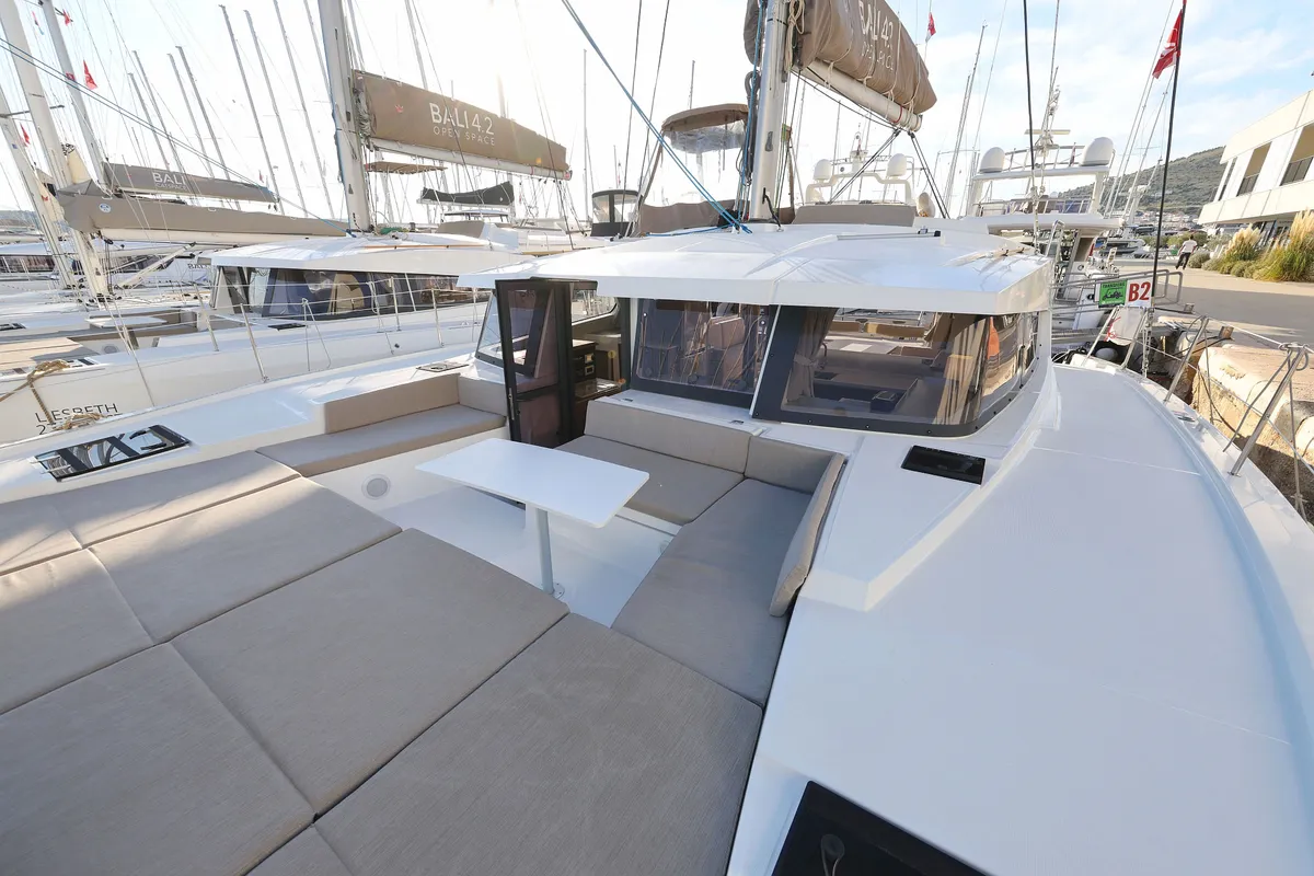 Deck of Bellatrix, a Bali 4.2 catamaran at Seget Donji, Croatia