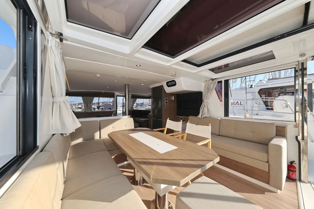 Salon of Bellatrix, a Bali 4.2 catamaran at Seget Donji, Croatia