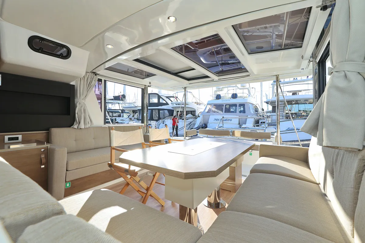 Salon of Bellatrix, a Bali 4.2 catamaran at Seget Donji, Croatia