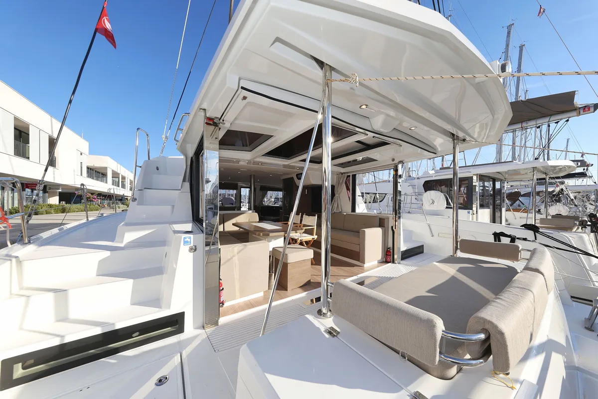 Deck of Bellatrix, a Bali 4.2 catamaran at Seget Donji, Croatia