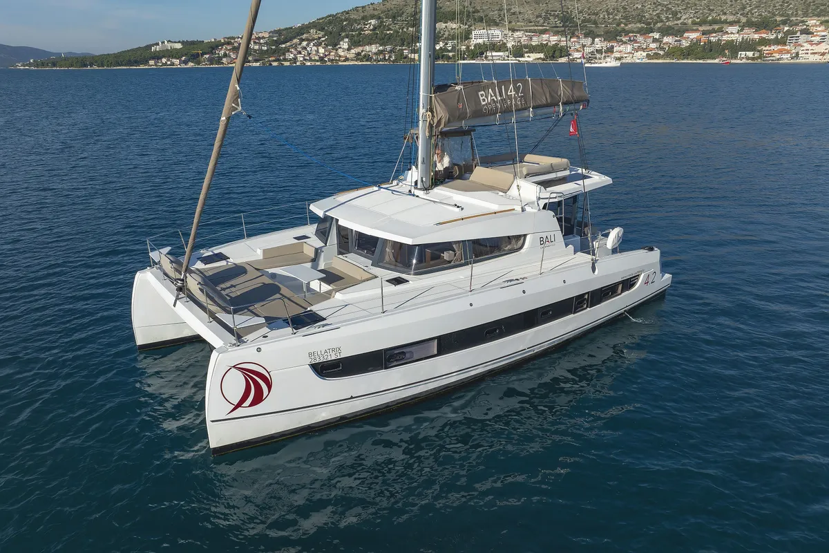 Exterior view of Bellatrix, a Bali 4.2 catamaran at Seget Donji, Croatia