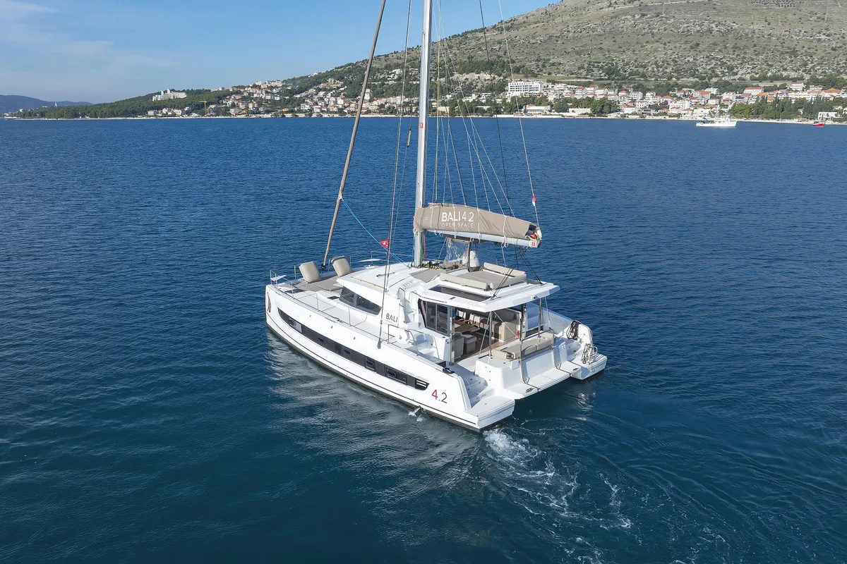 Exterior view of Bellatrix, a Bali 4.2 catamaran at Seget Donji, Croatia
