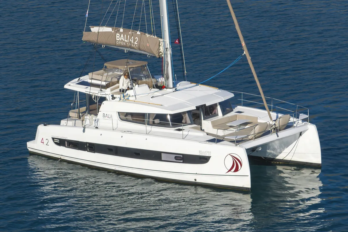 Exterior view of Bellatrix, a Bali 4.2 catamaran at Seget Donji, Croatia