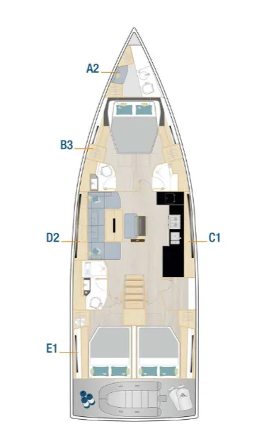 Floor plan of El Hana, a Hanse 510 sailboat at Marseille, France