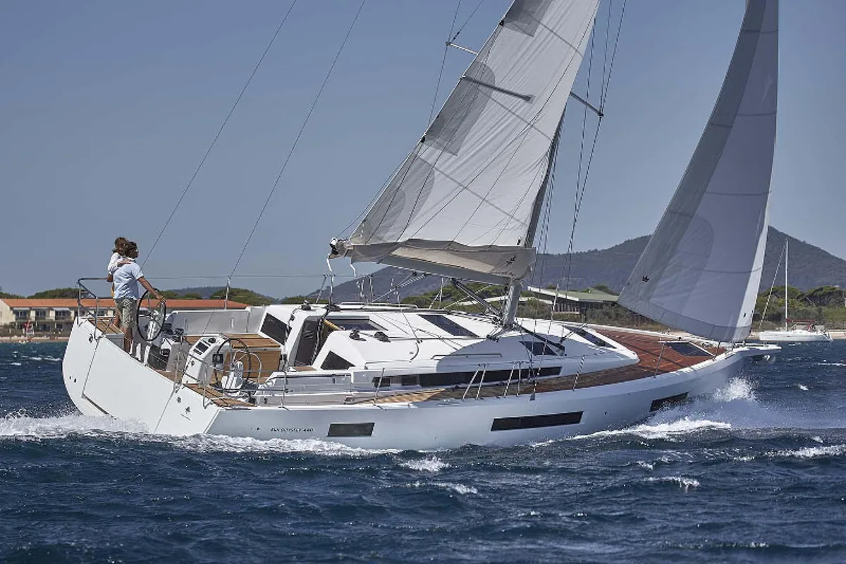 Exterior view of AF-SO440, a Jeanneau Sun Odyssey 440 sailboat at Municipal Unit of Lefkada, Greece