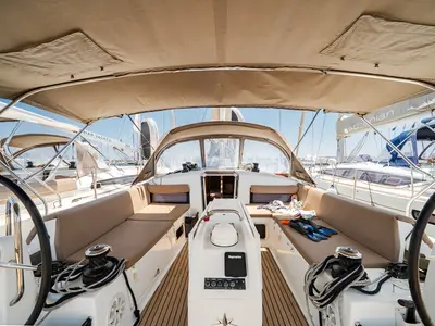 Cockpit of Orfeas, a Jeanneau Sun Odyssey 440 sailboat at Lavreotiki Municipal Unit, Greece
