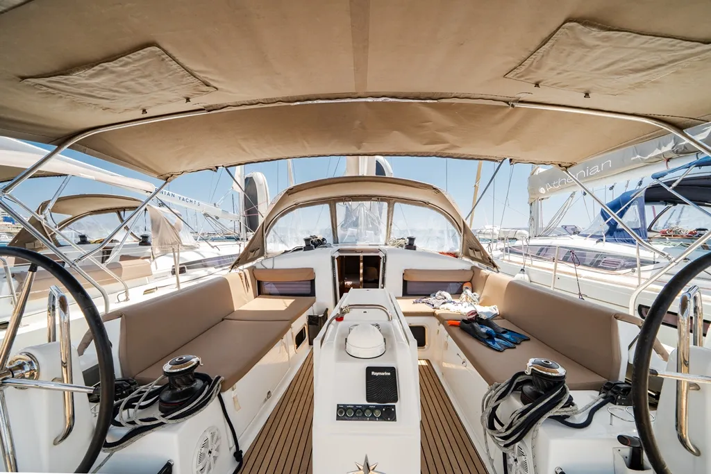 Cockpit of Orfeas, a Jeanneau Sun Odyssey 440 sailboat at Lavreotiki Municipal Unit, Greece