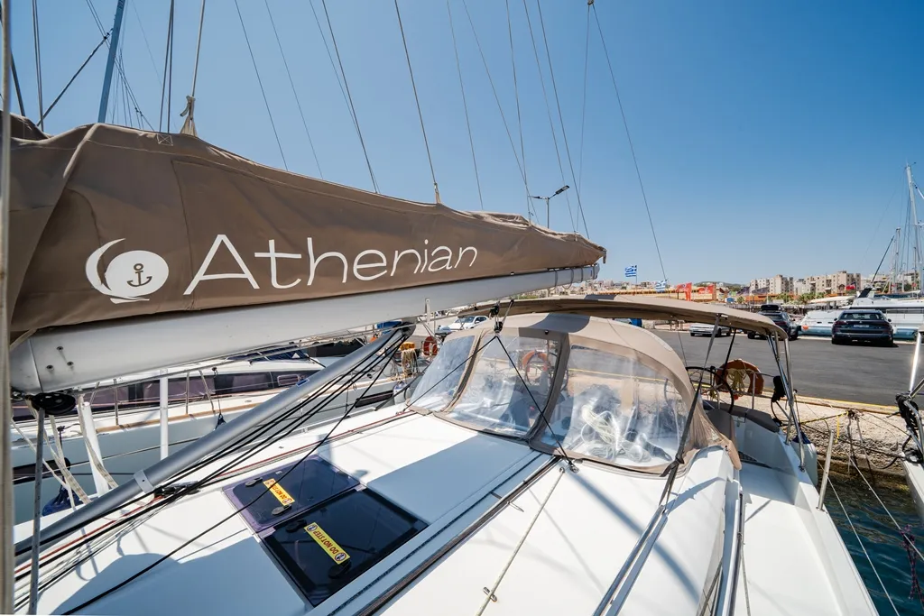 Exterior view of Orfeas, a Jeanneau Sun Odyssey 440 sailboat at Lavreotiki Municipal Unit, Greece