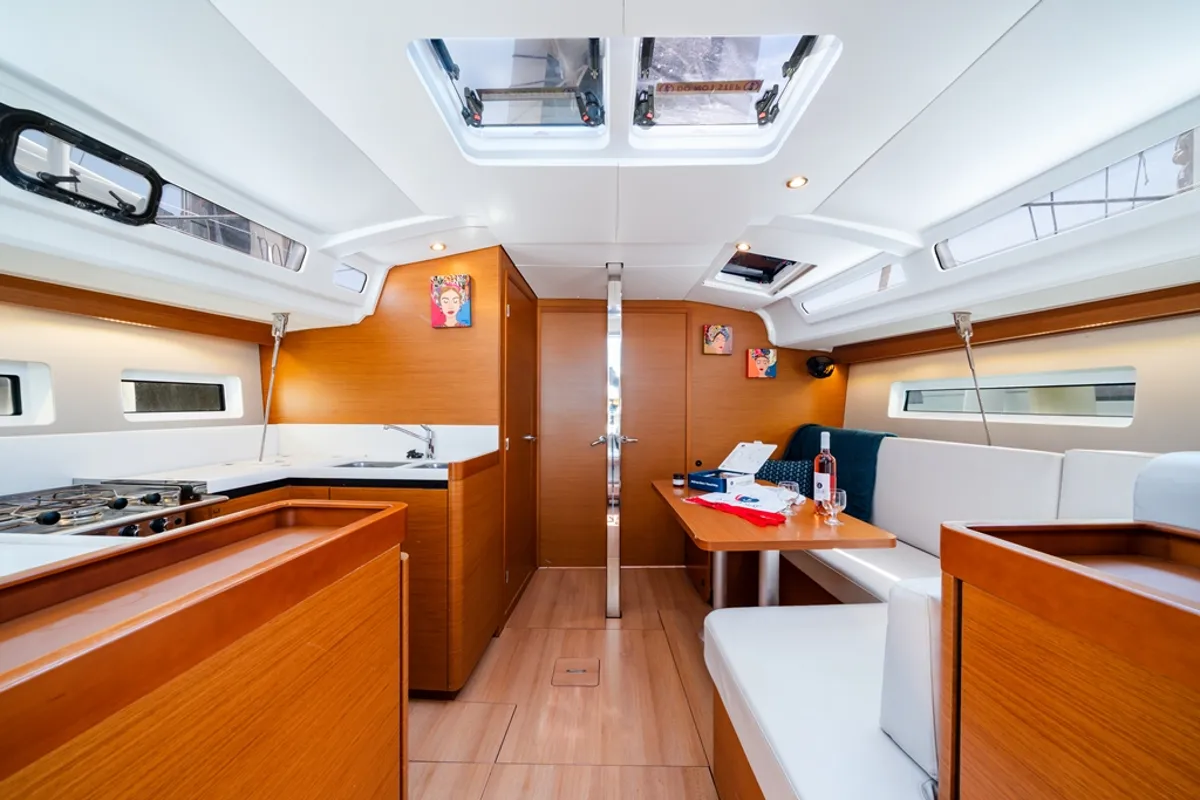 Salon of Orfeas, a Jeanneau Sun Odyssey 440 sailboat at Lavreotiki Municipal Unit, Greece