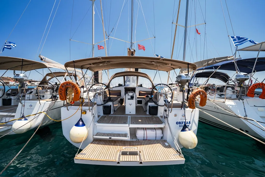 Exterior view of Orfeas, a Jeanneau Sun Odyssey 440 sailboat at Lavreotiki Municipal Unit, Greece