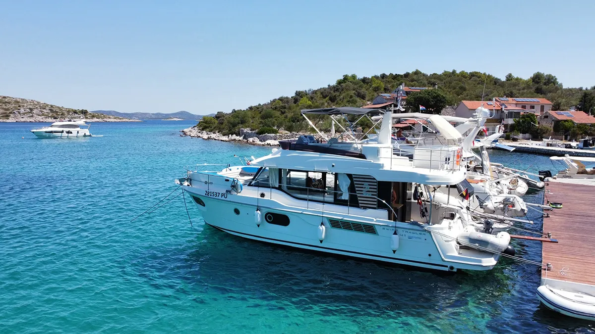Exterior view of Moritz, a Beneteau Swift Trawler 41 Fly motor yacht at Biograd na Moru, Croatia