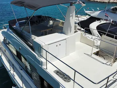 Deck of Moritz, a Beneteau Swift Trawler 41 Fly motor yacht at Biograd na Moru, Croatia