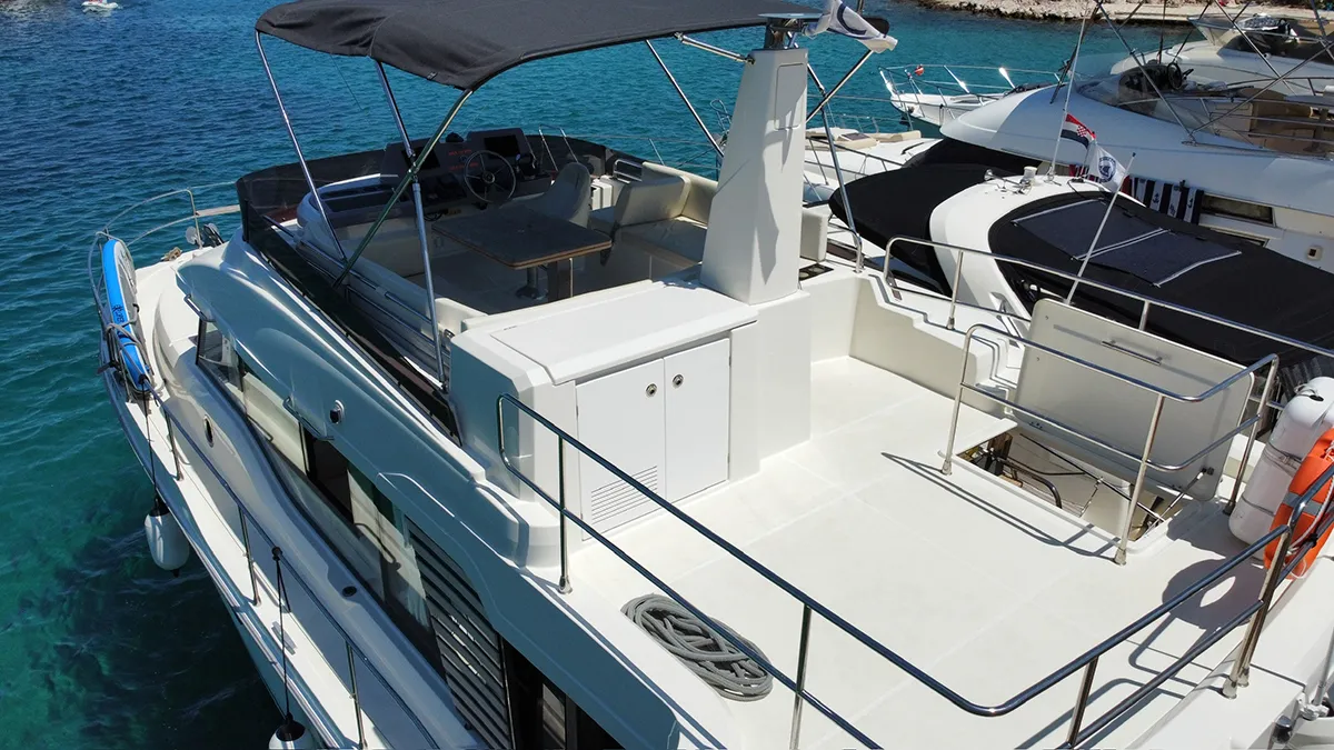 Deck of Moritz, a Beneteau Swift Trawler 41 Fly motor yacht at Biograd na Moru, Croatia