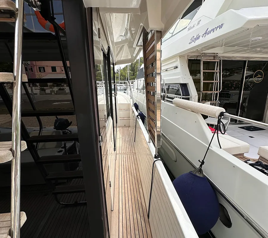 Deck of Moritz, a Beneteau Swift Trawler 41 Fly motor yacht at Biograd na Moru, Croatia